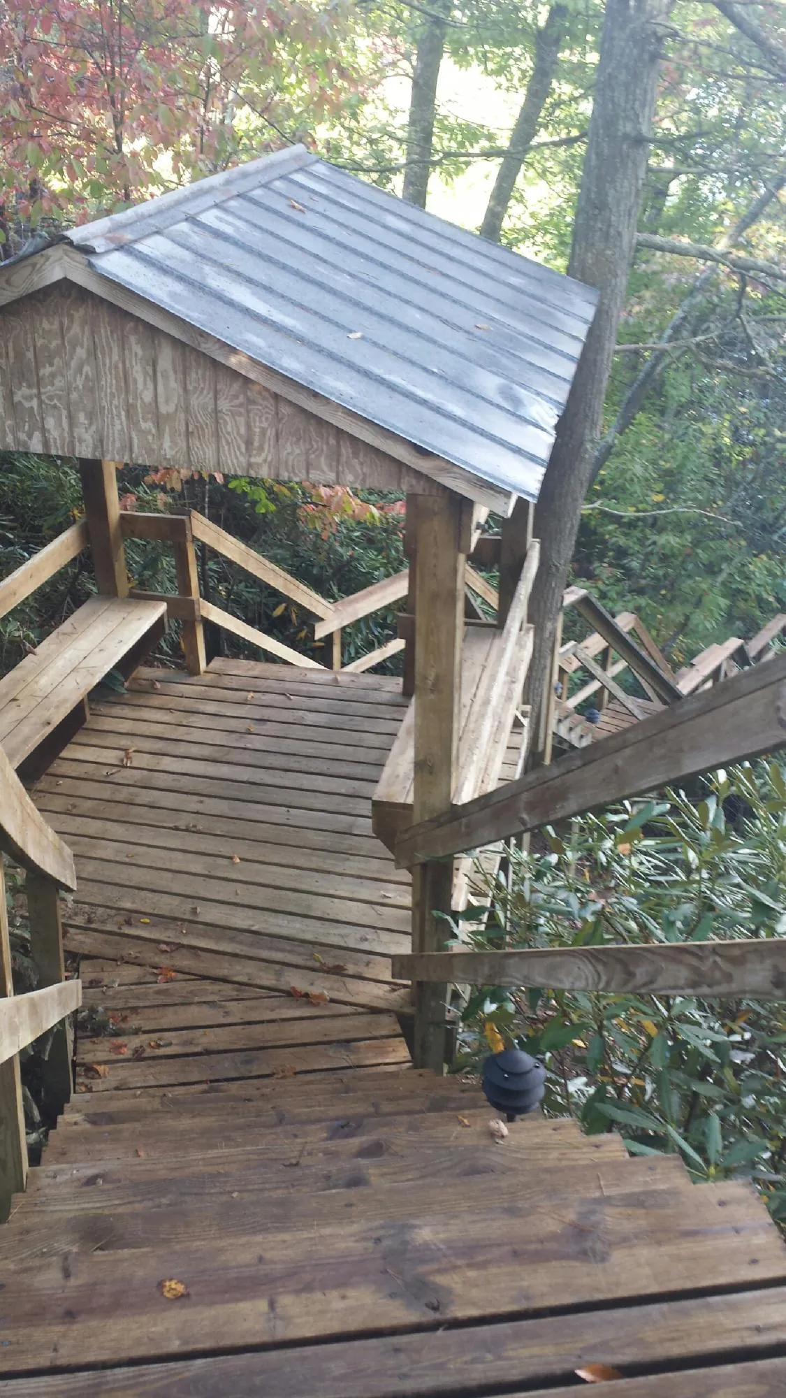 Metal roofed shelter over wooden steps on a wooded walkway — Skylight Repair & Installation work by our crew in Eagle Grove